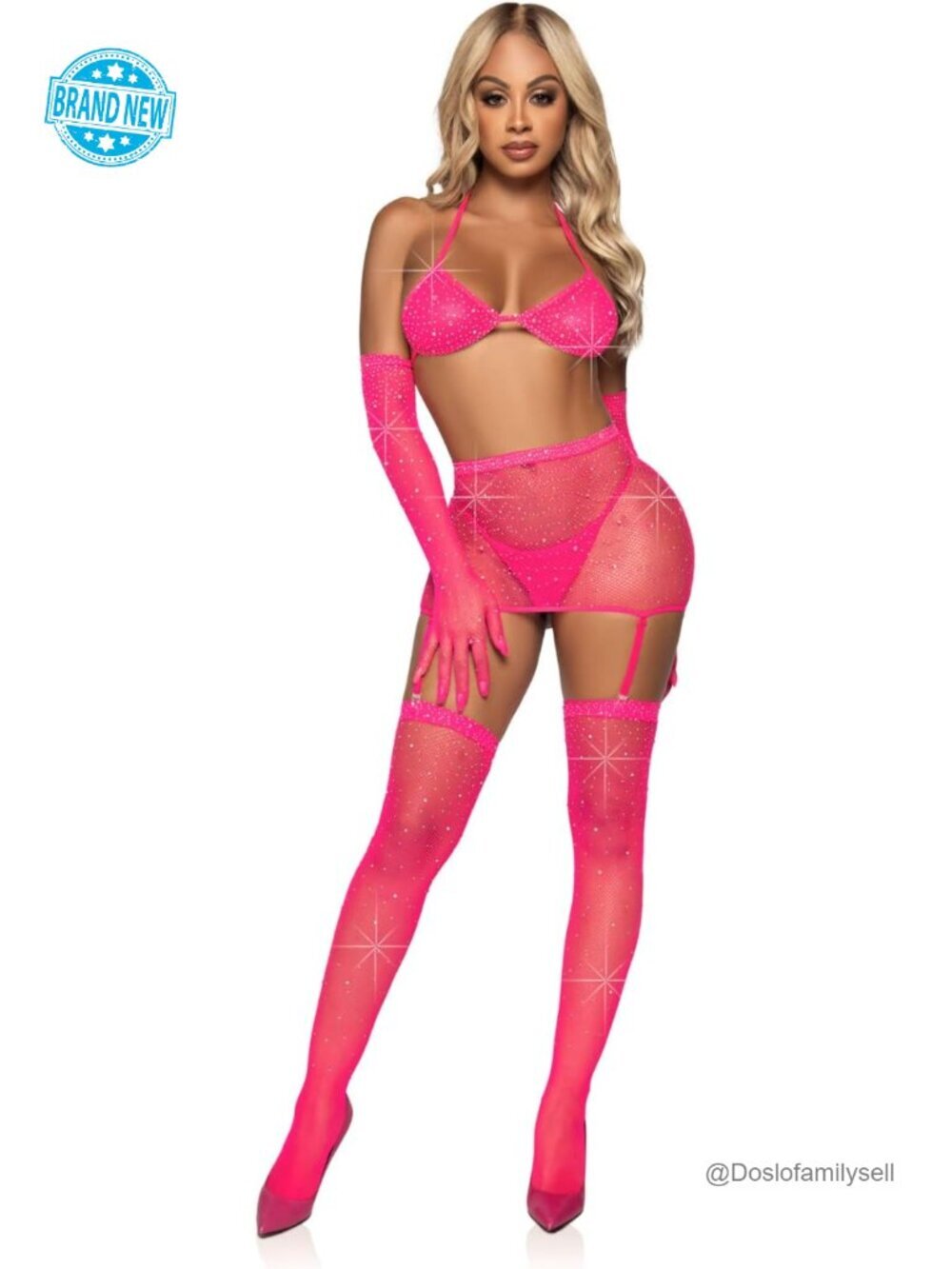 5 Piece Rhinestone Fishnet Garter Skirt Set with Bikini Top, G-String, Gloves,